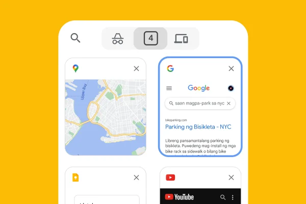 Naglo-load ang mobile browser ng mga tab mula sa isang desktop browser, kasama ang Google Maps at impormasyon sa pagparada sa NYC.