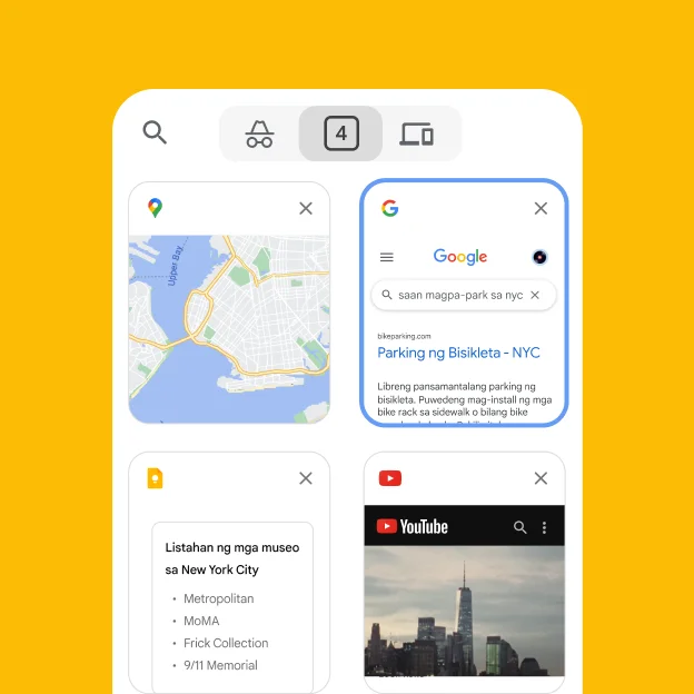 Naglo-load ang mobile browser ng mga tab mula sa isang desktop browser, kasama ang Google Maps at impormasyon sa pagparada sa NYC.